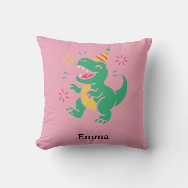 Party Dino Roar – Cute Birthday T-Shirt Design for Throw Pillow (Front)