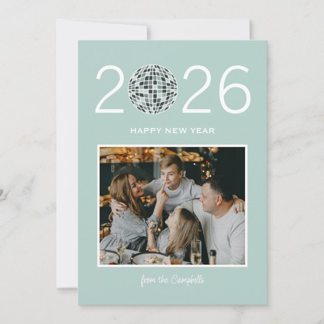 Party disco ball big modern photo new year card  (Front)