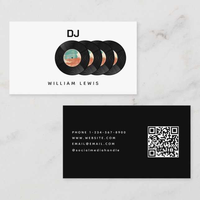 Party DJ Deejay Retro Vinyl Record QR Code  Business Card (Front/Back)