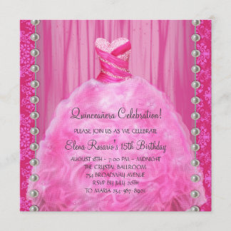 Party Dress Pearls Hot Pink Quinceanera Invitation