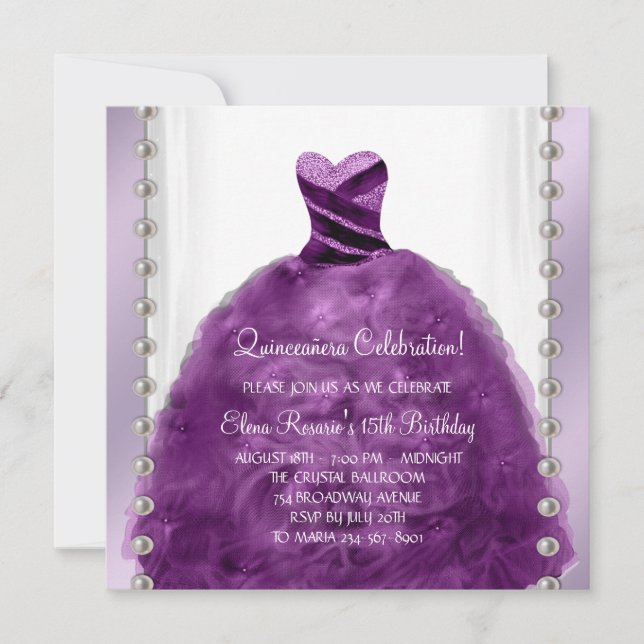 Party Dress Pearls Plum Purple Quinceanera Invitation (Front)