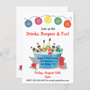 Party Drinks Invitation with wine, soda and beer