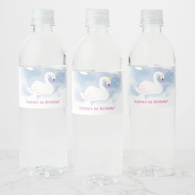 PARTY DRINKS pretty swan princess girly blue gold Water Bottle Label (Bottles)