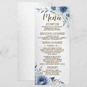 Party Dusty Blue Watercolor Flowers Silver Shiny Menu