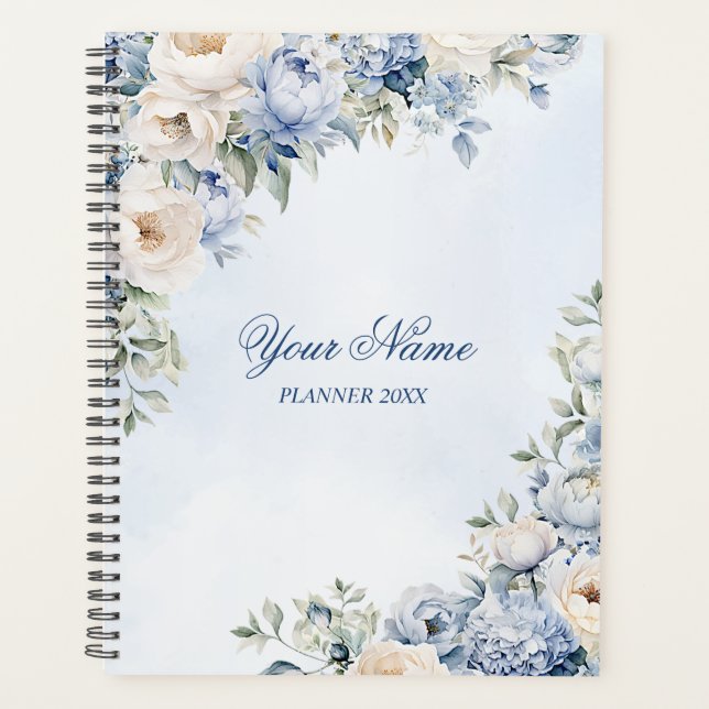 Party Dusty Blue Watercolor Ivory Flowers Leaves Planner (Front)