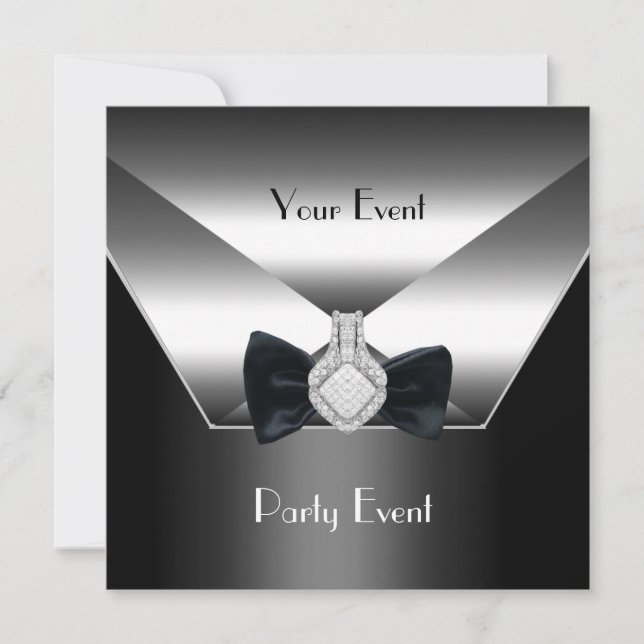 Party Event Silver Black Tie Diamond Jewel Invitation (Front)