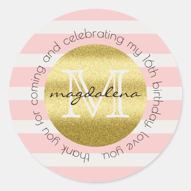 Party Favour Monogram Gold Glitter Pink Stripes Classic Round Sticker (Front)