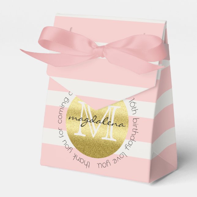 Party Favour Monogram Gold Glitter Pink Stripes Favor Box (Front Side)