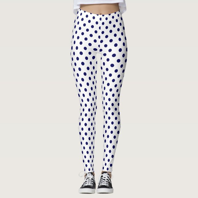 Party Festive navy blue polka dots on white Leggings (Front)