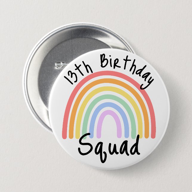 Party, Fully Customizable, Rainbow Birthday Squad 3 Inch Round Button (Front & Back)