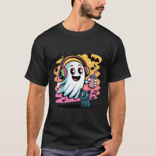 Party Ghost with Cat Cute Halloween Cartoon T-Shirt