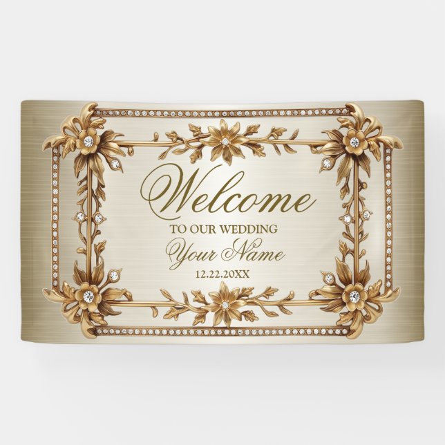 Party Gold Ornate Rectangle Dimond Flowers Shiny Banner (Horizontal)