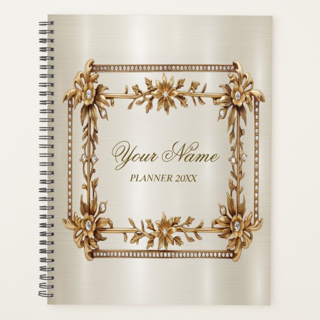 Party Gold Ornate Rectangle Dimond Flowers Shiny Planner (Front)