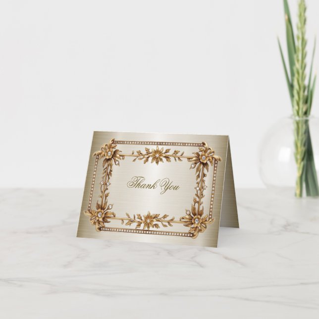 Party Gold Ornate Rectangle Dimond Flowers Shiny Thank You Card (Front)