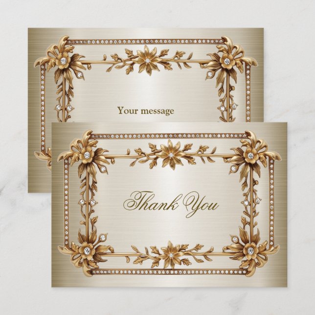 Party Gold Ornate Rectangle Dimond Flowers Shiny Thank You Card (Front/Back)