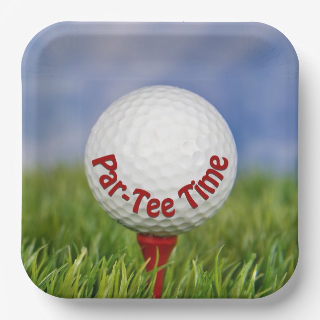 Party Golf Ball on Red Tee  Paper Plate (Front)