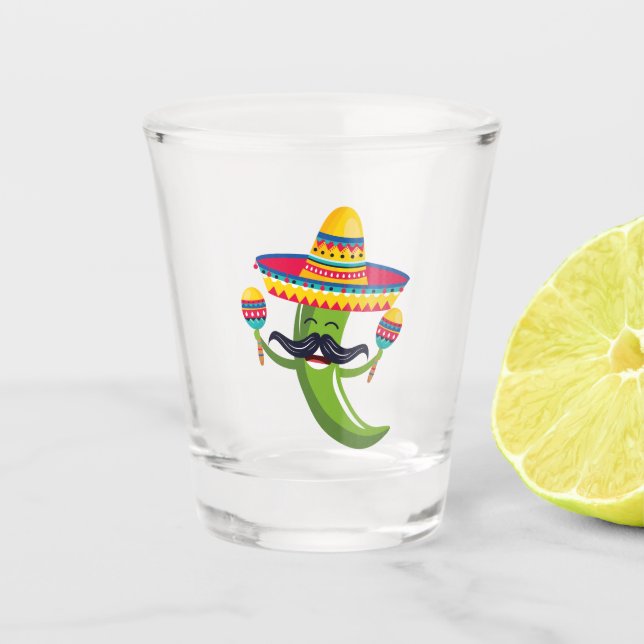 Party Green Chili Pepper in Sombrero with Maracas Shot Glass (Front)