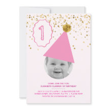 Party Hat - Girls 1st Birthday Invitation