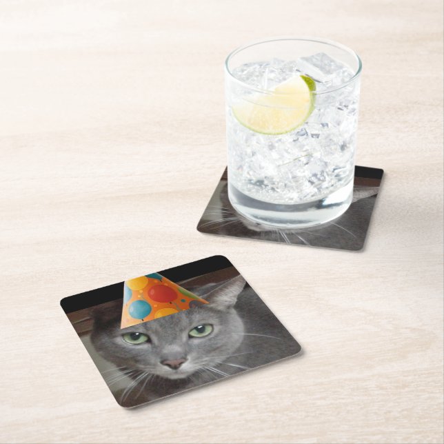Party Hat Grey Cat Square Paper Coaster (Insitu)