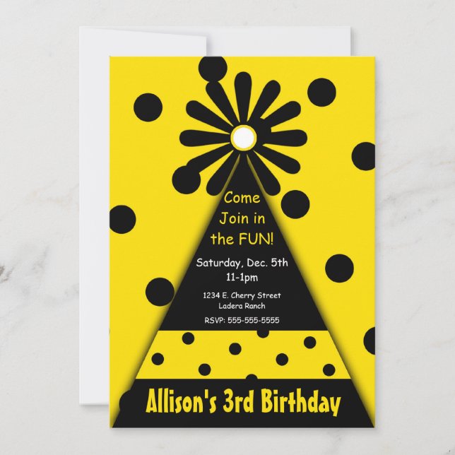 Party Hat with Yellow and Black Polka Dots Invitation (Front)