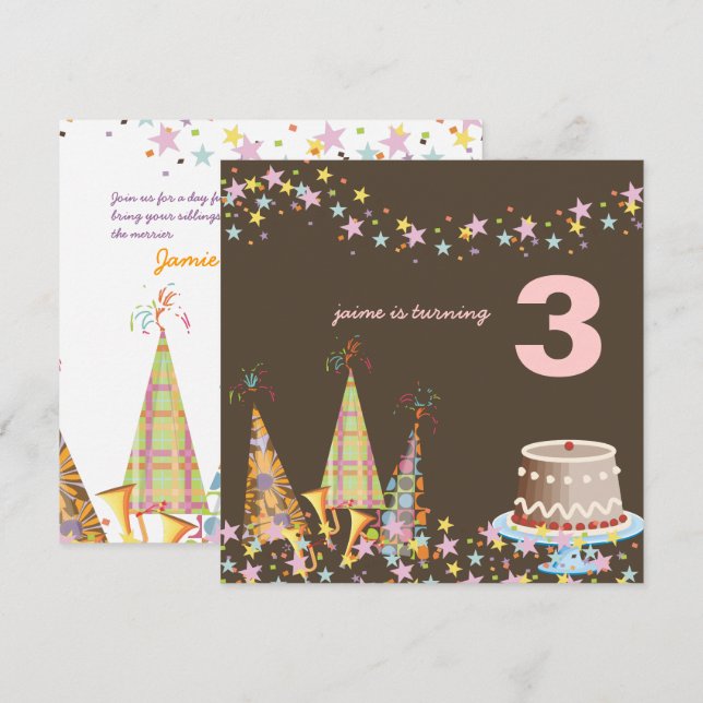 Party hats, Children Birthday Party Invitation (Front/Back)
