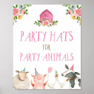 Party Hats Farm Animals Girl Birthday Pink Poster
