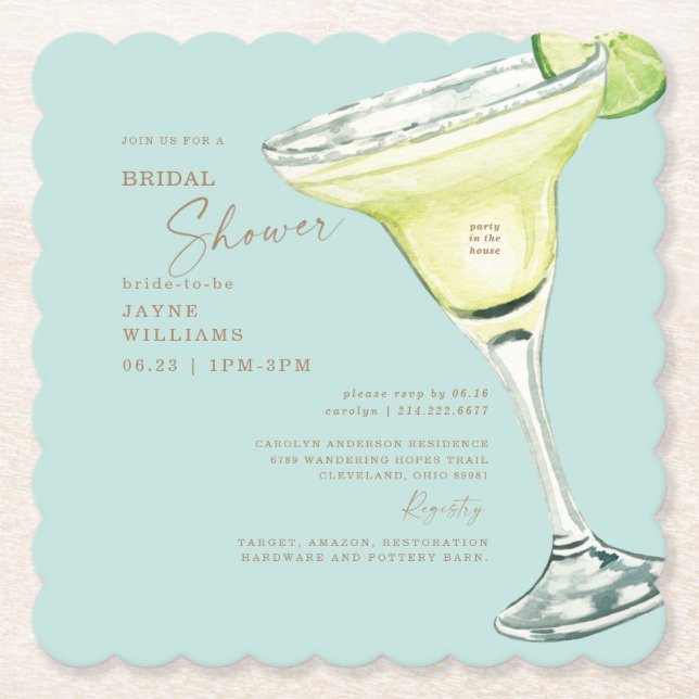 Party in the House Margarita Turquoise Shower Paper Coaster (Front)