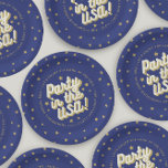 Party in the USA Navy 4th of July Decorations Paper Plate<br><div class="desc">Celebrate the 4th of July in style with this fun paper plate. Featuring the phrase "Party in the USA" in a fun font with patriotic colours and golden stars. Customize with your celebration information.</div>