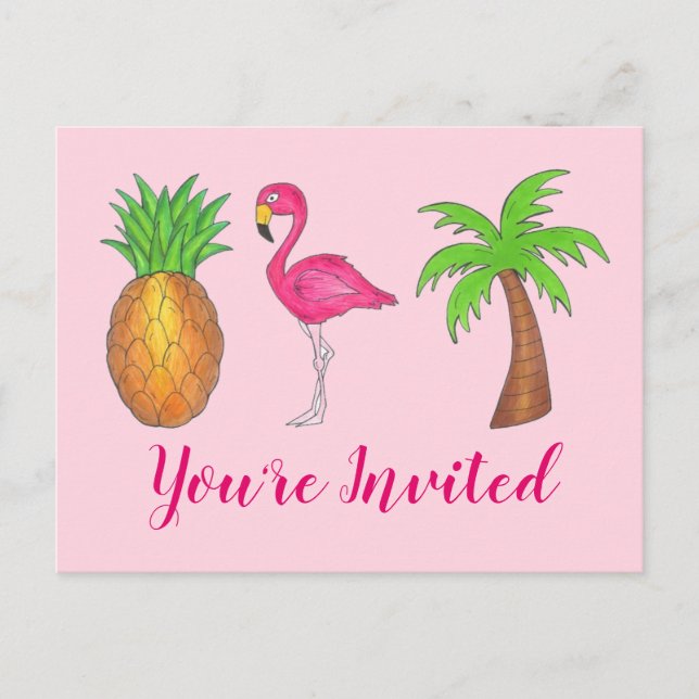 Party Invitation Pink Flamingo Palm Tree Pineapple (Front)