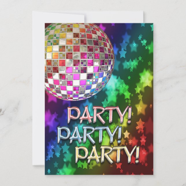 PARTY invitation with disco ball and rainbow of st (Front)