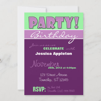 PARTY! Invitations d'anniversaire violet et vert