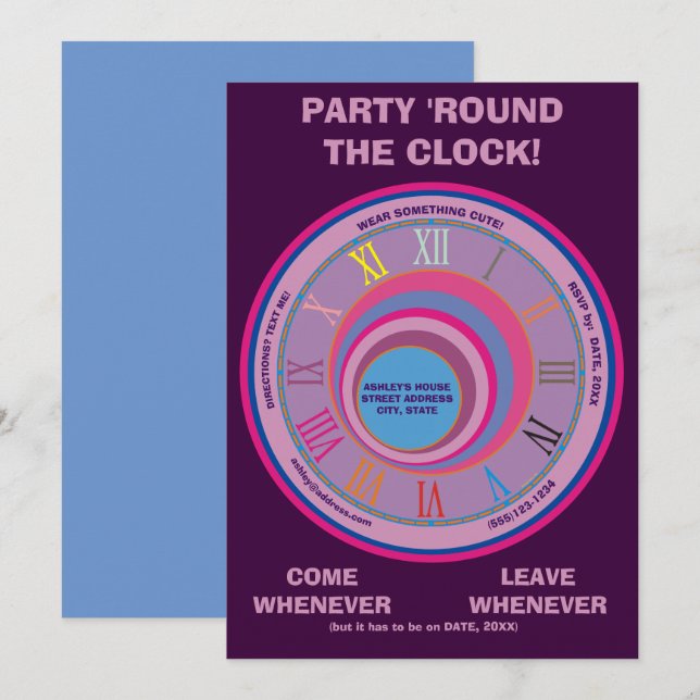 Party Invite 24-Hour Round Clock Blue Purple Pink  (Front/Back)