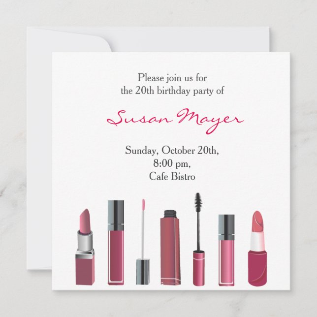 Party Invite Card Lipstick Make up Mascara Red Fun (Front)