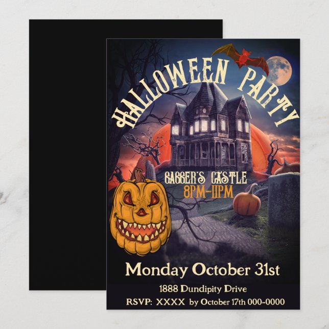 Party Jack o Lantern Castle Black Vintage Invitation (Front/Back)