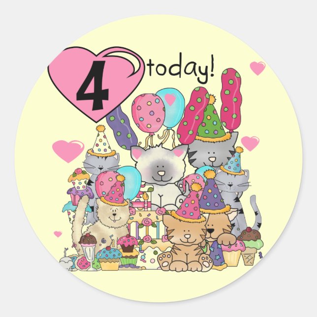 Party Kittens 4th Birthday T-shirts and gifts Classic Round Sticker (Front)