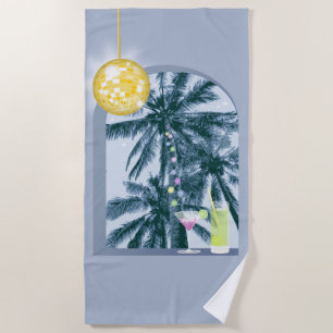 Party Lights Cocktails Disco Ball Palms on Blue Beach Towel