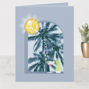 Party Lights Cocktails Disco Ball Palms on Blue Card