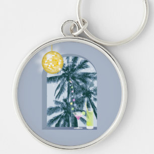 Party Lights Cocktails Disco Ball Palms on Blue Keychain