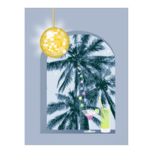Party Lights Cocktails Disco Ball Palms on Blue 