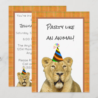 Party Like An Animal Lion With Hat Birthday Invitation