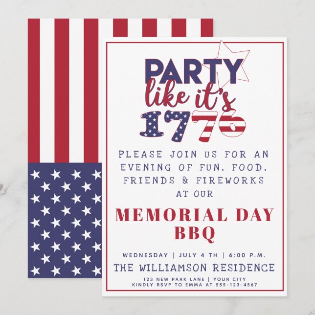 Party like it's 1776 - U.S. Flag Memorial Day BBQ Invitation (Front/Back)