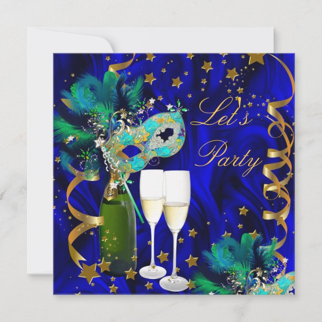 Party Mask Champagne Blue Gold Masquerade Invitation (Front)
