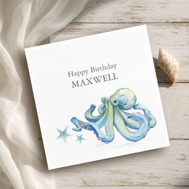 Party Napkins Kid's Birthday Cute Octopus (Beach birthday party theme napkins watercolor blue octopus by Victoria Grigaliunas Do Tell A Belle)