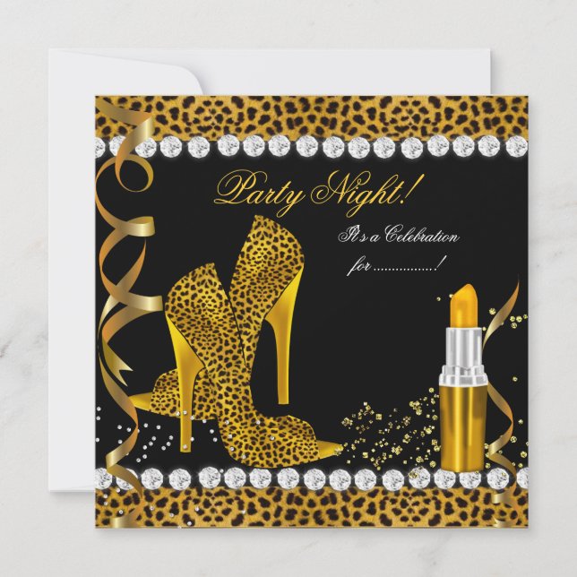 Party Night Glitter Gold Black Leopard Shoes Invitation (Front)