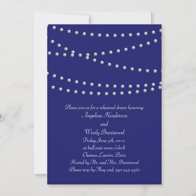 Party Pearls on Indigo Rehearsal Dinner Invitation (Front)