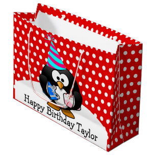Party Penguin Happy Birthday Red Polka Dot Large Gift Bag