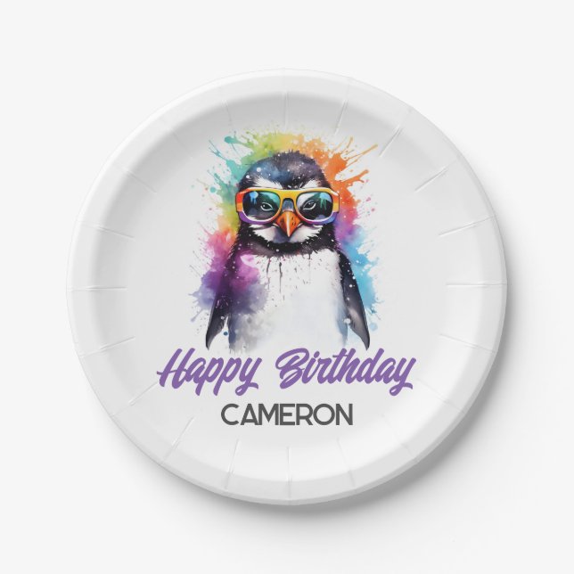 Party Penguin sunglasses, kid's birthday  Paper Plate (Front)
