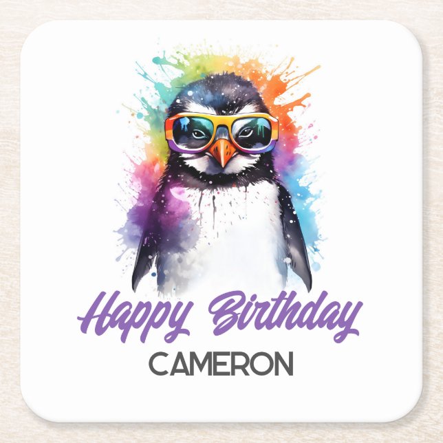 Party Penguin sunglasses, kid's birthday  Square Paper Coaster (Front)