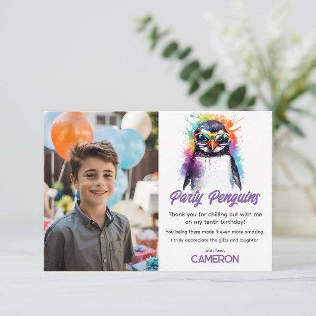 Party Penguin sunglasses, kid's birthday Thank You Card (Standing Front)