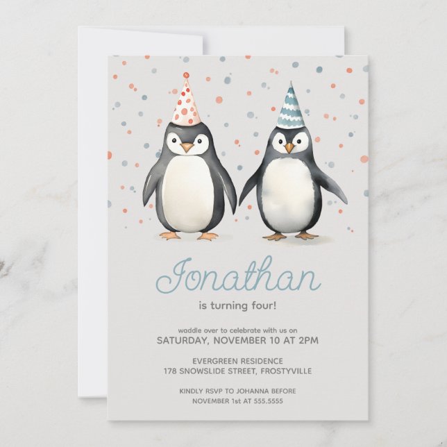 Party Penguins, waddle over children's birthday Invitation (Front)